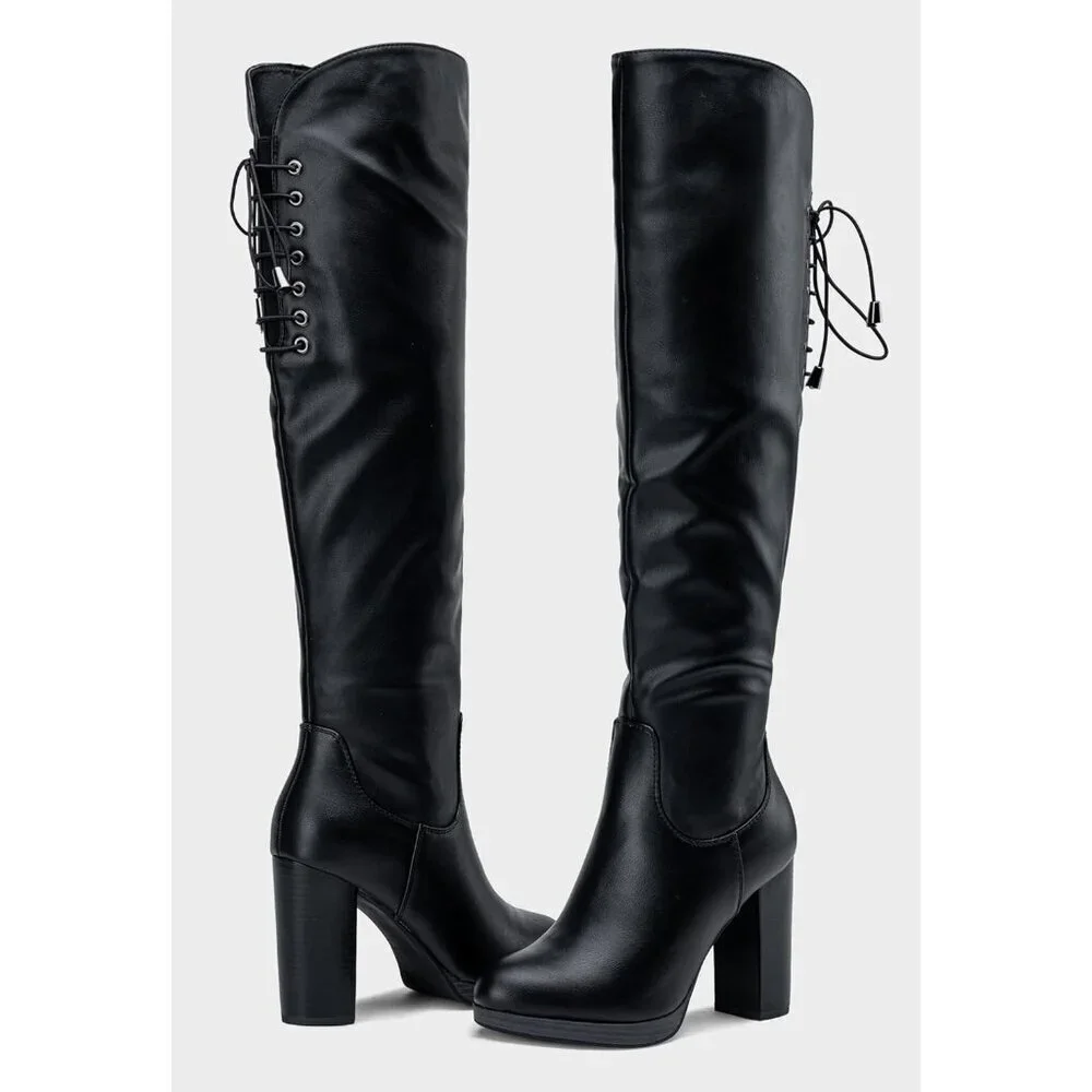 Women Blackpu-imitation Grain Synthetic suede Thigh High Over The Knee Tall Boot